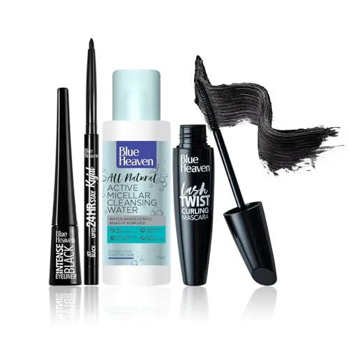 Blue Heaven Dramatic Eyes Essential Make-up Set - Black Eyeliner, 24Hr Stay Kajal, Micellar Cleansing Water, Lash Twist Mascara, 141ml   0.30g