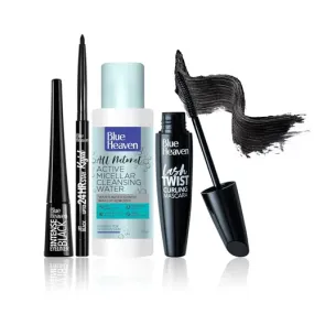 Blue Heaven Dramatic Eyes Essential Make-up Set - Black Eyeliner, 24Hr Stay Kajal, Micellar Cleansing Water, Lash Twist Mascara, 141ml   0.30g