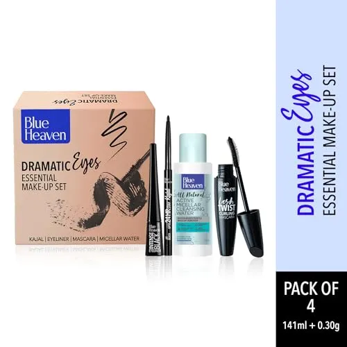 Blue Heaven Dramatic Eyes Essential Make-up Set - Black Eyeliner, 24Hr Stay Kajal, Micellar Cleansing Water, Lash Twist Mascara, 141ml   0.30g
