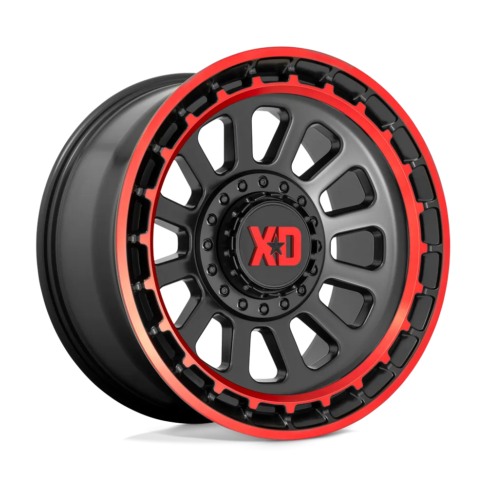 XD856 Omega 17X9 6X135 6X139.7 -12 mm Satin Black Machined Lip With Red Tint